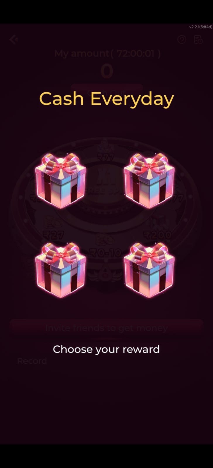 EK1 gaming app Cash Everyday reward screen with four gift boxes for daily reward selection.