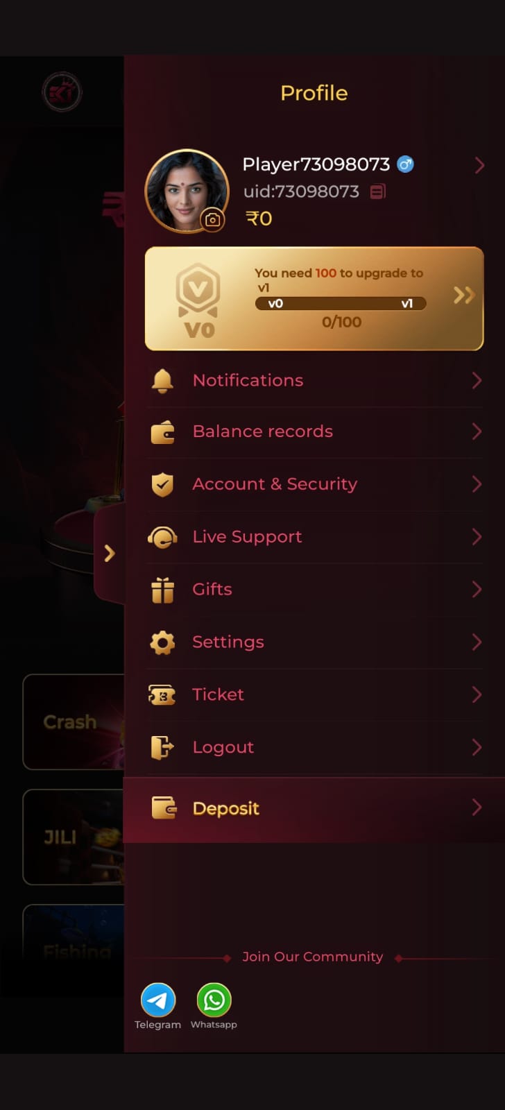 EK1 profile page displaying user account details, VIP level, deposit option, notifications, and account settings.