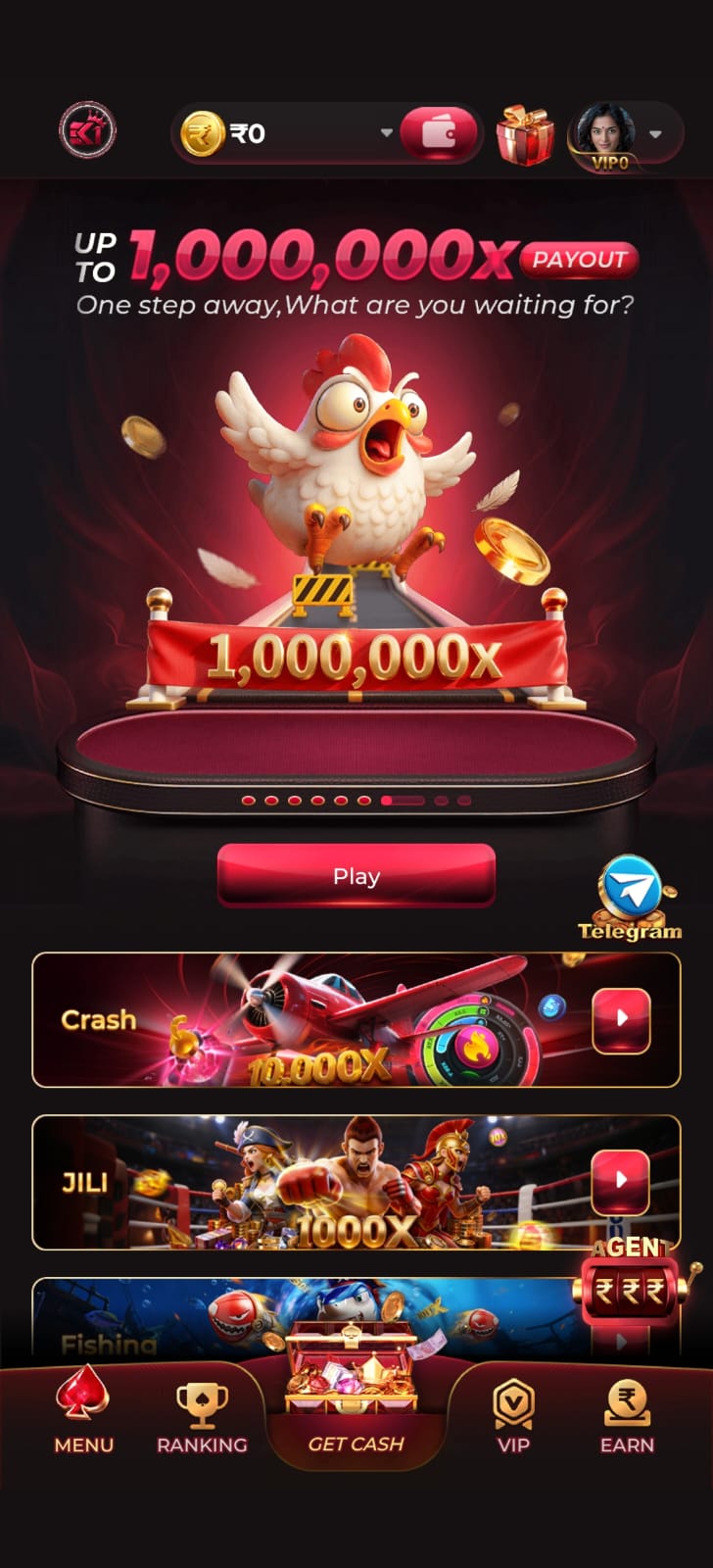 EK1 online gaming app homepage featuring Crash, JILI, Fishing games, VIP section, referral rewards, and jackpot promotions.