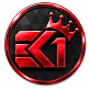 EK1 gaming logo with a glossy red metallic design, crown icon, circular red border, and black triangular patterned background.